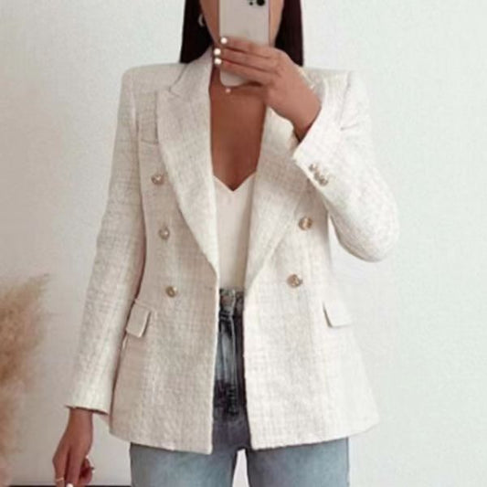 Urban Casual Textured Double-Breasted Blazer for Women – Chic Oversized Office & Street Style Jacket