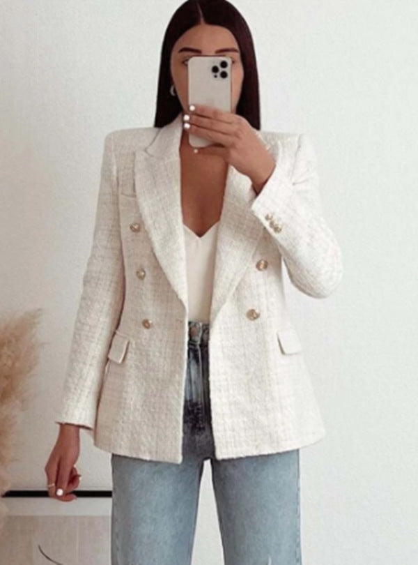 Urban Casual Textured Double-Breasted Blazer for Women – Chic Oversized Office & Street Style Jacket