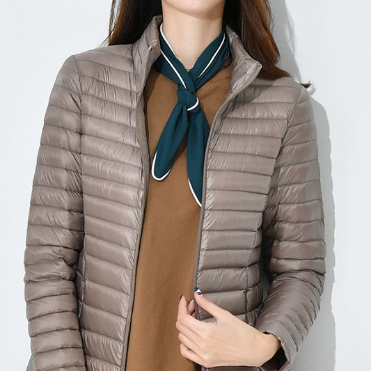 Slim Fit Women’s Lightweight Down Jacket – Mid-Length Winter Coat, Stand Collar, Plus Size, Warm & Stylish Outerwear