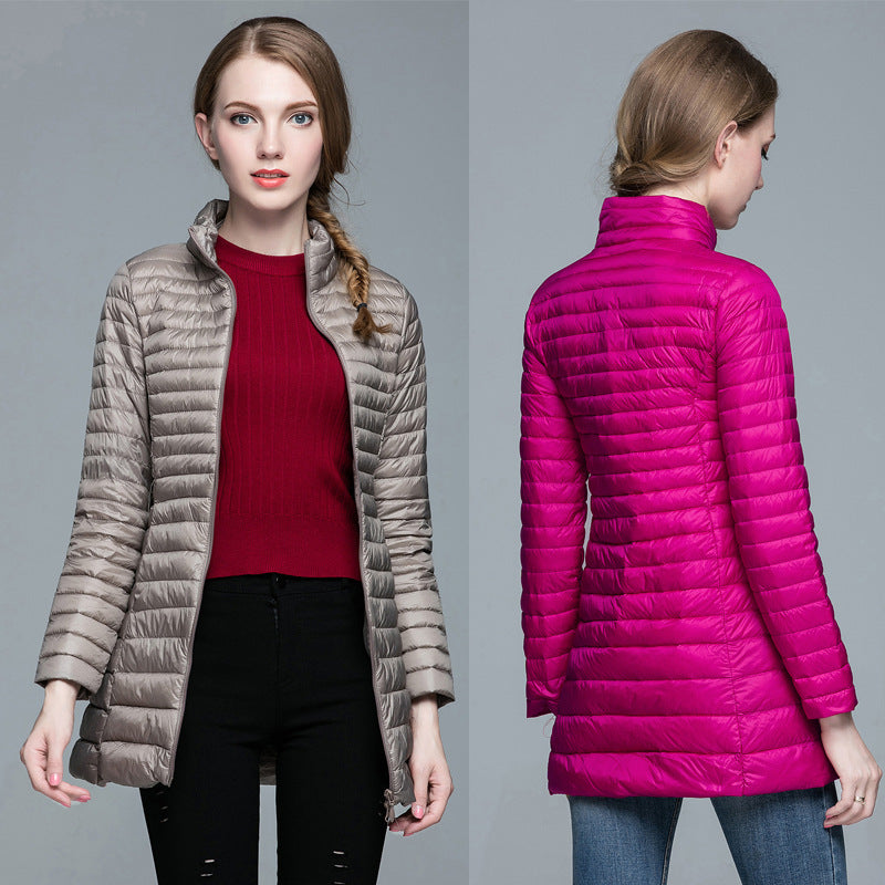 Slim Fit Women’s Lightweight Down Jacket – Mid-Length Winter Coat, Stand Collar, Plus Size, Warm & Stylish Outerwear