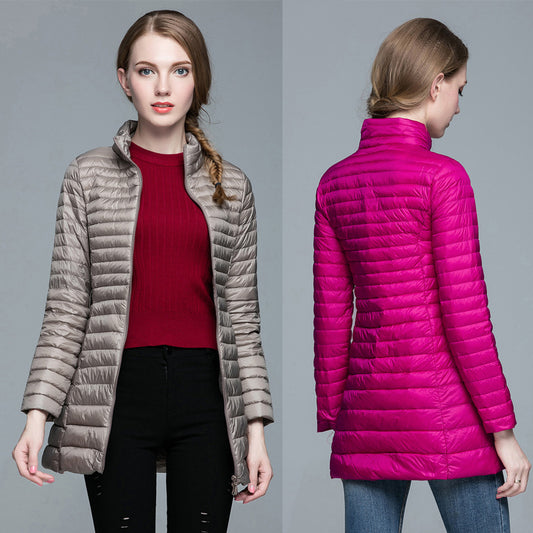 Slim Fit Women’s Lightweight Down Jacket – Mid-Length Winter Coat, Stand Collar, Plus Size, Warm & Stylish Outerwear